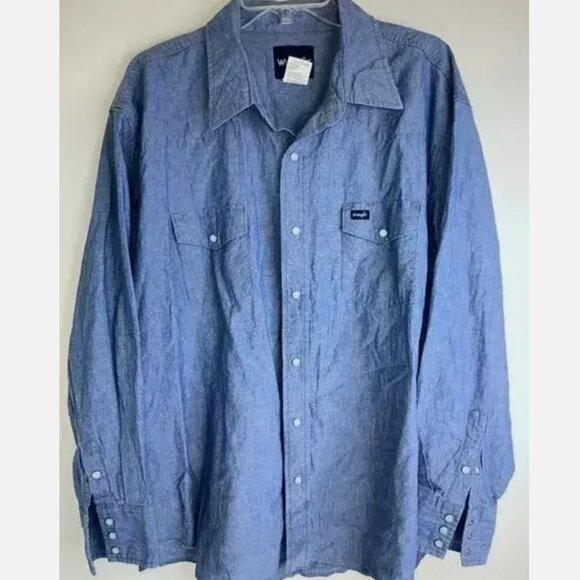 Wrangler‎ Shirt Mens XXL Pearl Snap Chambray Rodeo Cowboy Blue Long Sleeve Vtg - Picture 1 of 7
